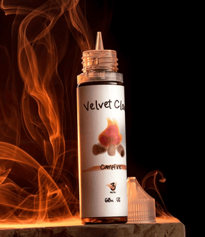 Velvet Cloud campfire dessert e-liquid flavor with flames in the background