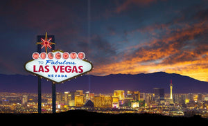 Las Vegas sign in front of city skyline